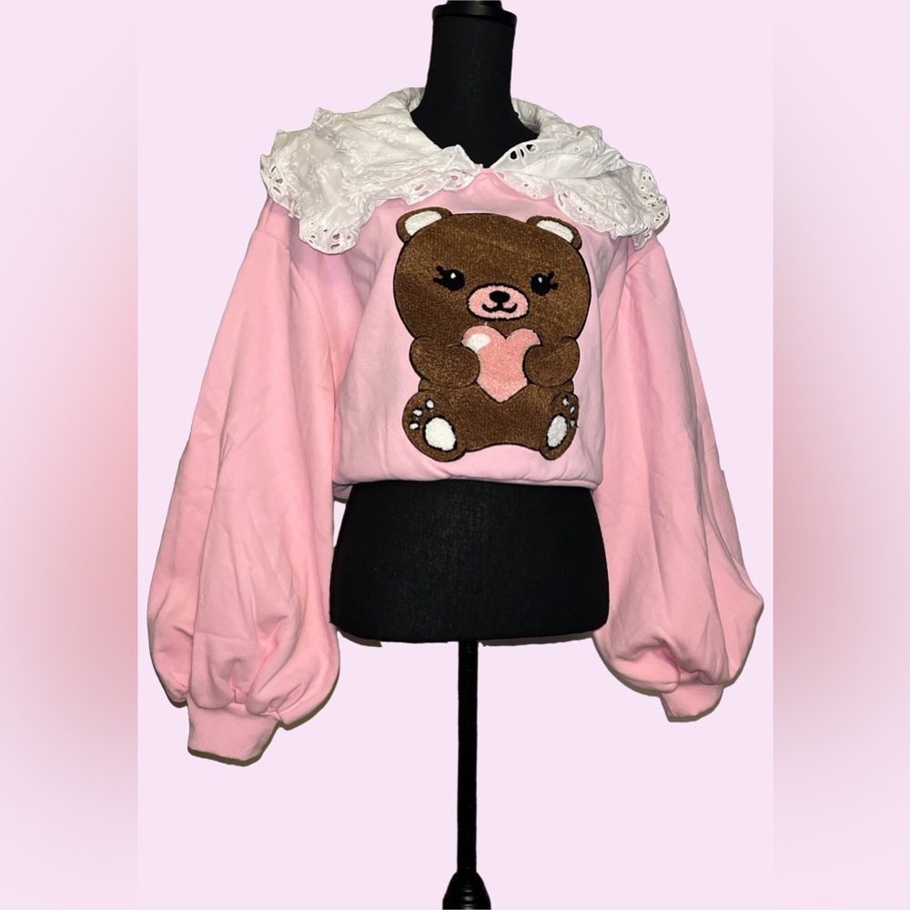 SUGAR THRILLZ Cute Pink Balloon Sleeve Sweater Big Collar